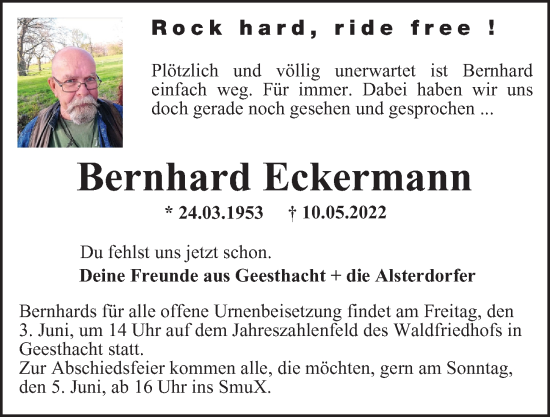 Traueranzeige von Bernhard Eckermann von Bergedorfer Zeitung