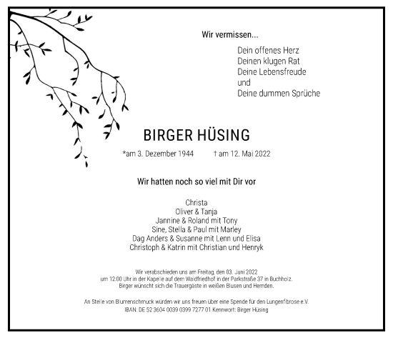 Traueranzeige von Birger Hüsing von Hamburger Abendblatt