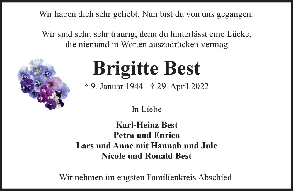  Traueranzeige für Brigitte Best vom 14.05.2022 aus Hamburger Abendblatt