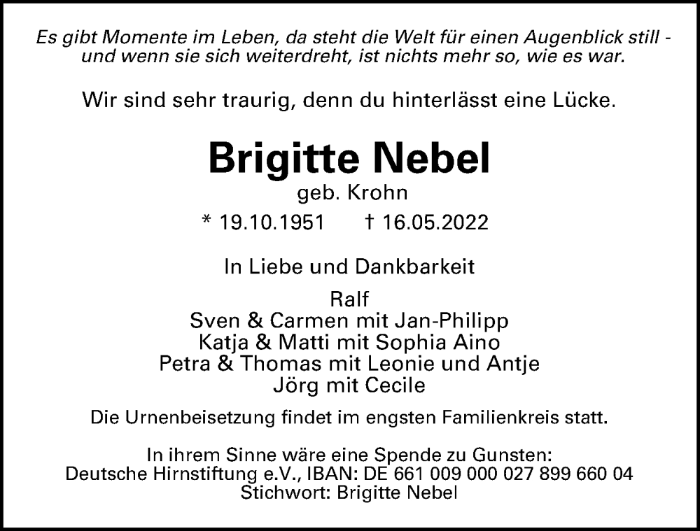  Traueranzeige für Brigitte Nebel vom 21.05.2022 aus Hamburger Abendblatt