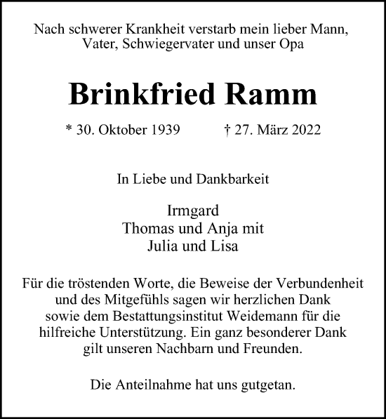 Traueranzeige von Brinkfried Ramm von Glinder Zeitung