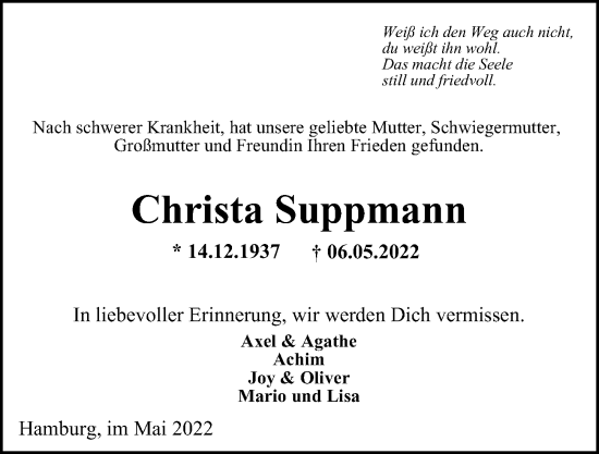 Traueranzeige von Christa Suppmann von Langenhorn