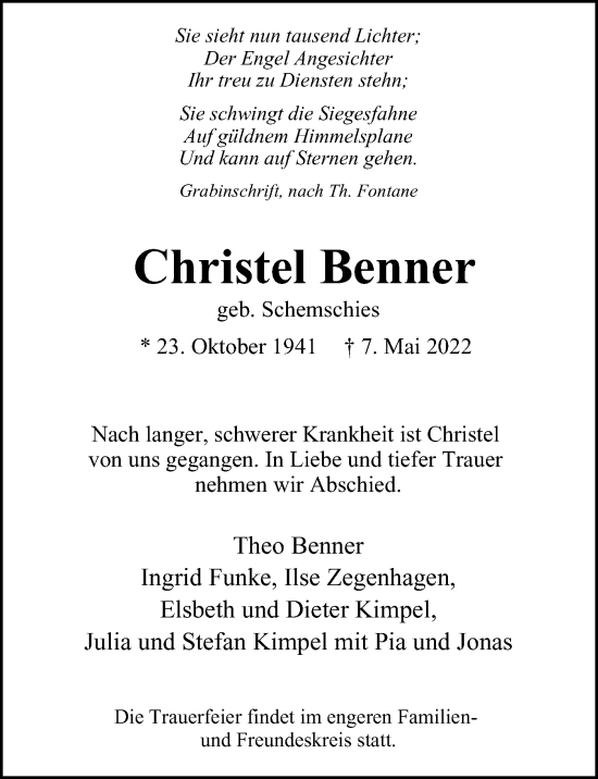 Traueranzeige von Christel Benner von Hamburger Abendblatt