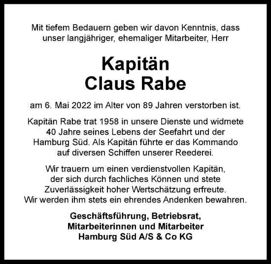 Traueranzeige von Claus Rabe von Hamburger Abendblatt
