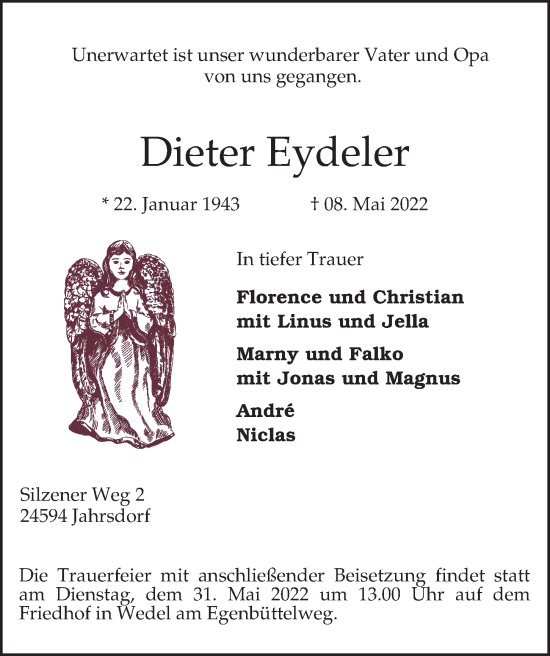 Traueranzeige von Dieter Eydeler von Hamburger Abendblatt