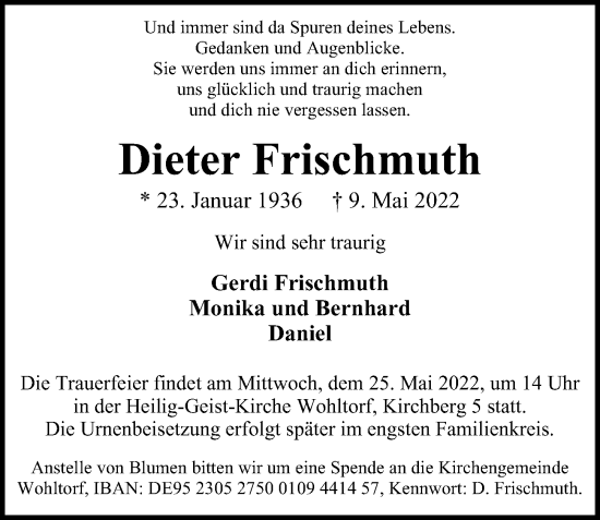 Traueranzeige von Dieter Frischmuth von Bergedorfer Zeitung