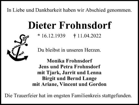 Traueranzeige von Dieter Frohnsdorf von Bille Wochenblatt, Bergedorfer Zeitung