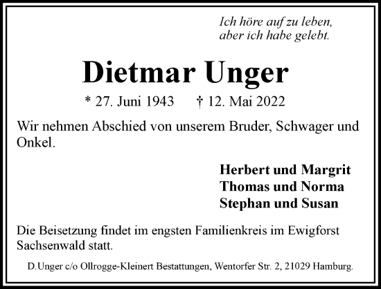 Traueranzeige von Dietmar Unger von Bergedorfer Zeitung