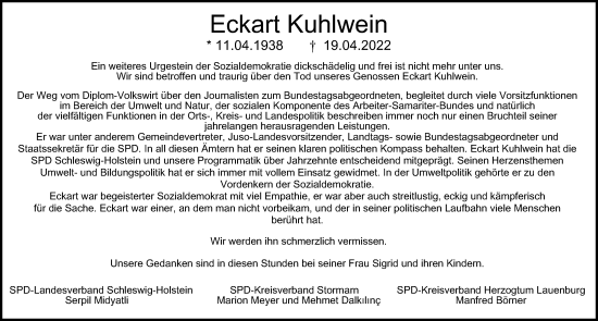 Traueranzeige von Eckart Kuhlwein von Hamburger Abendblatt