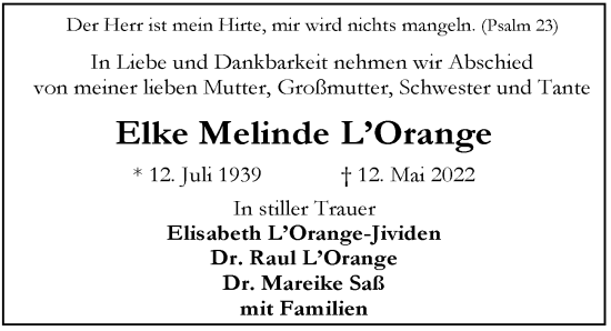 Traueranzeige von Elke Melinde L’Orange von Hamburger Abendblatt