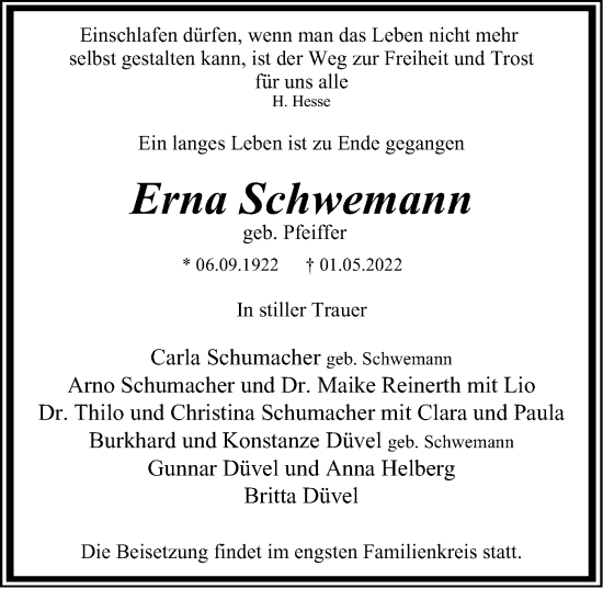 Traueranzeige von Erna Schwemann von Hamburger Abendblatt