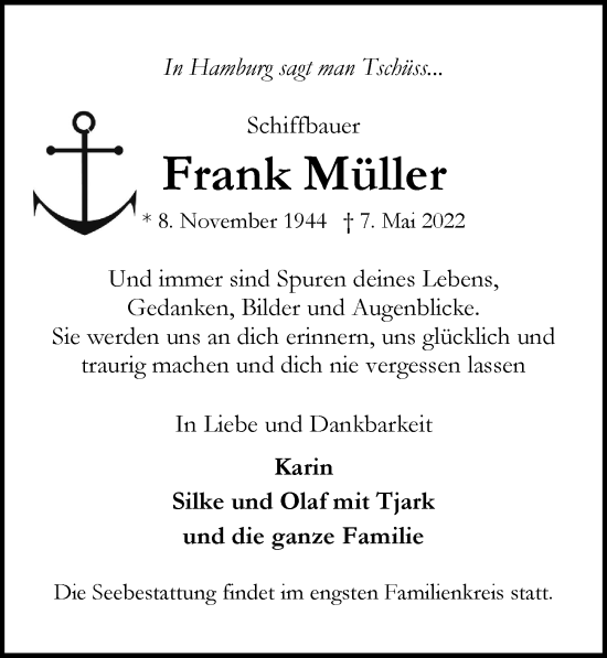 Traueranzeige von Frank Müller von Hamburger Abendblatt