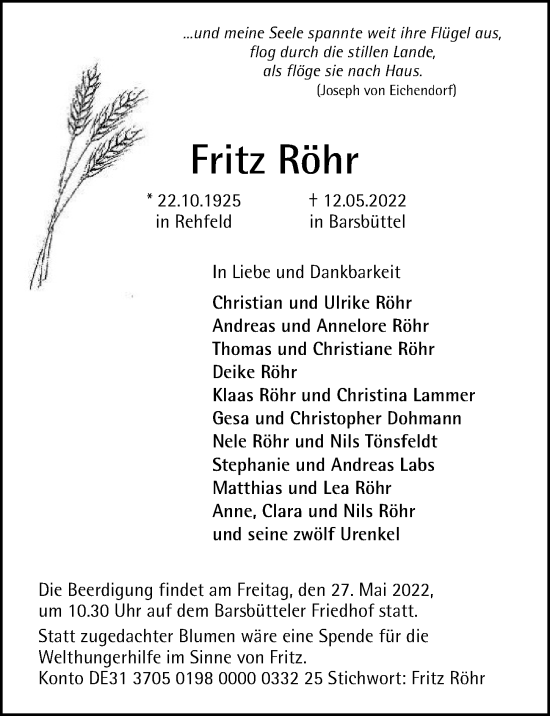 Traueranzeige von Fritz Röhr von Glinder Zeitung