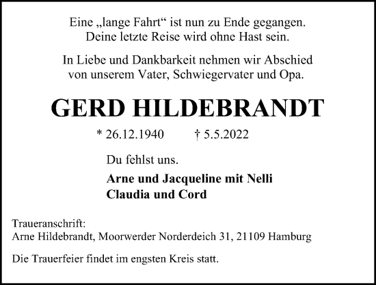 Traueranzeige von Gerd Hildebrandt von Hamburger Abendblatt