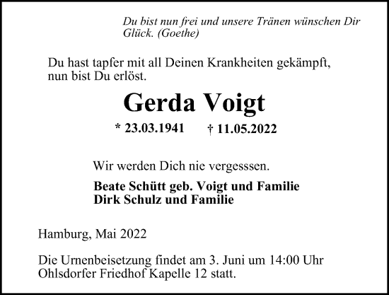 Traueranzeige von Gerda Voigt von Barmbek Bramfeld