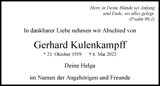 Traueranzeige von Gerhard Kulenkampff von Hamburger Abendblatt