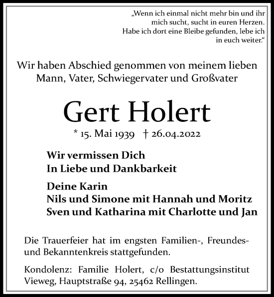 Traueranzeige von Gert Holert von Hamburger Abendblatt