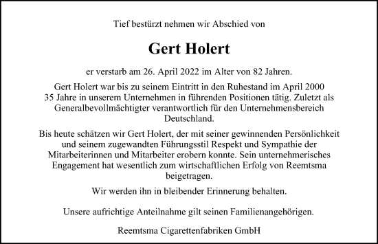 Traueranzeige von Gert Holert von Hamburger Abendblatt