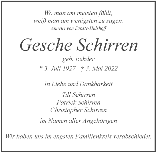 Traueranzeige von Gesche Schirren von Hamburger Abendblatt