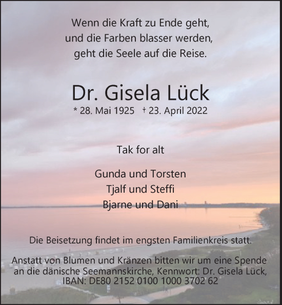 Traueranzeige von Gisela Lück von Bille Wochenblatt, Bergedorfer Zeitung