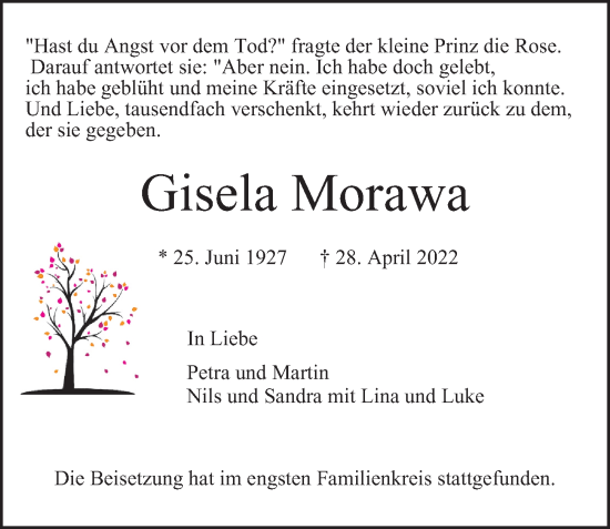 Traueranzeige von Gisela Morawa von Hamburger Abendblatt, Niendorfer Wochenblatt