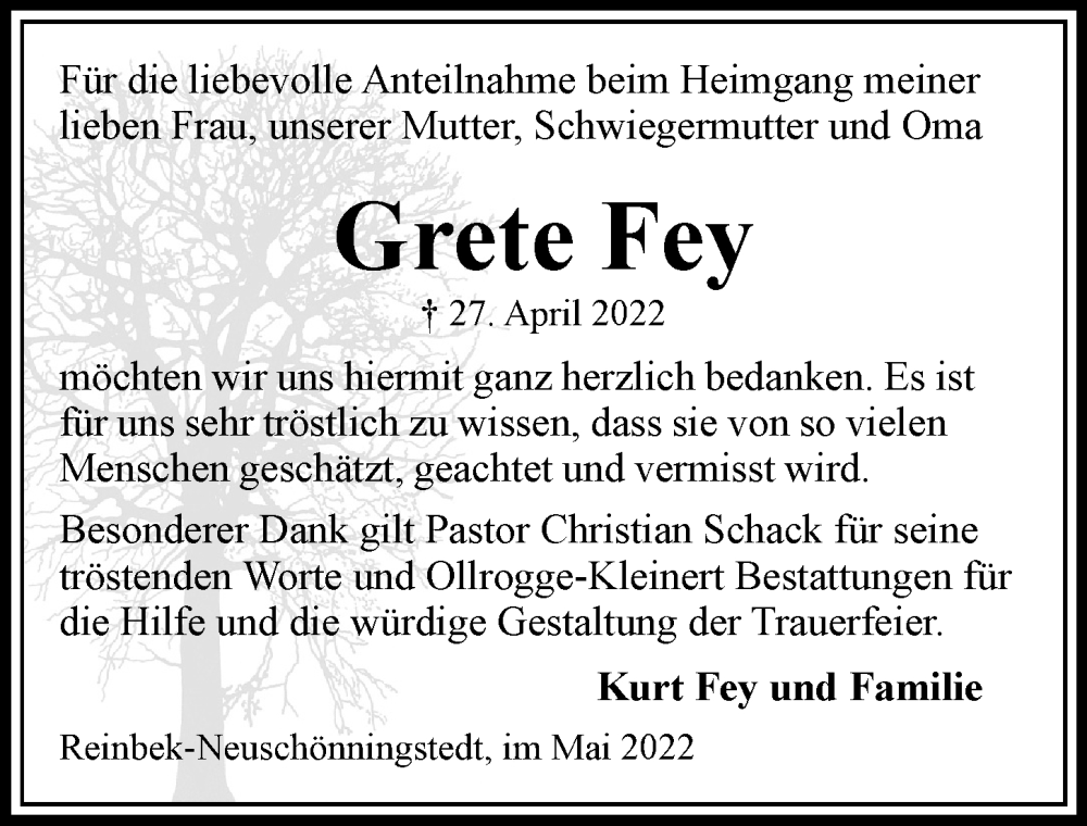  Traueranzeige für Grete Fey vom 21.05.2022 aus Bergedorfer Zeitung