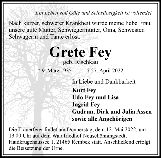 Traueranzeige von Grete Fey von Bergedorfer Zeitung