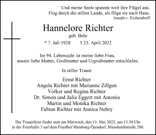 Traueranzeige von Hannelore Richter von Hamburger Abendblatt