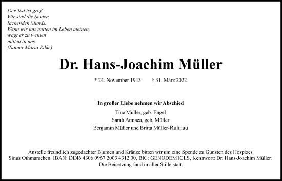 Traueranzeige von Hans-Joachim Müller von Hamburger Abendblatt