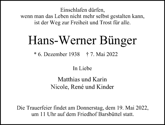 Traueranzeige von Hans-Werner Bünger von Glinder Zeitung