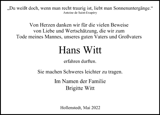 Traueranzeige von Hans Witt von Hamburger Abendblatt