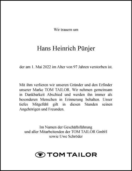 Traueranzeige von Hans Heinrich Pünjer von Hamburger Abendblatt