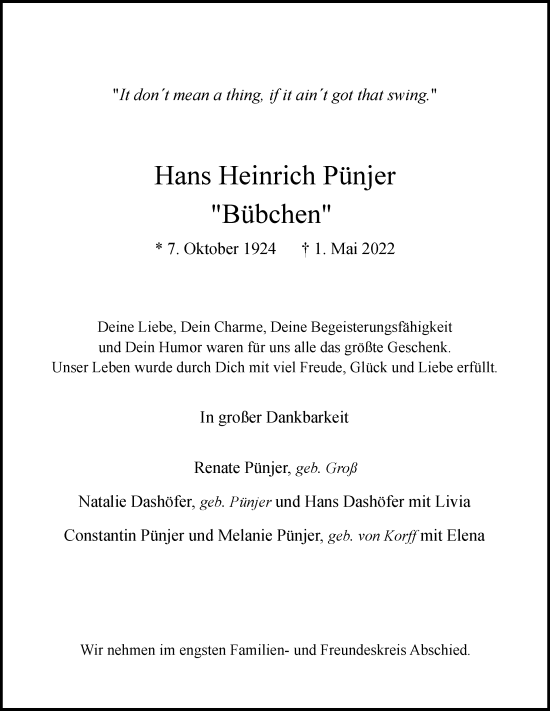 Traueranzeige von Hans Heinrich Pünjer von Hamburger Abendblatt