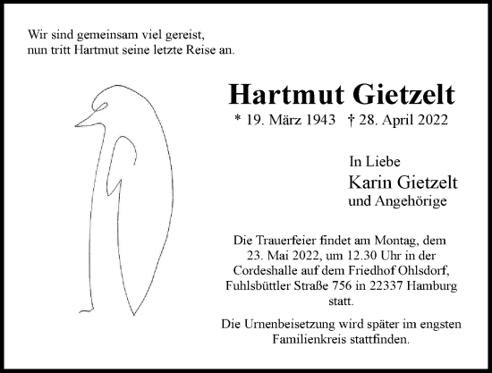 Traueranzeige von Hartmut Goetzelt von Hamburger Abendblatt