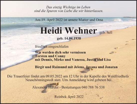 Traueranzeige von Heidi Wehner von Glinder Zeitung