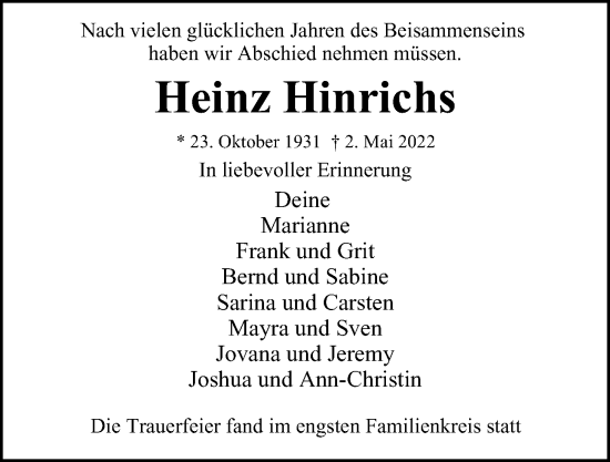 Traueranzeige von Heinz Hinrichs von Billstedt/Horn