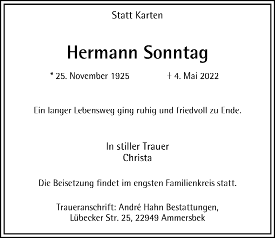 Traueranzeige von Hermann Sonntag von Hamburger Abendblatt