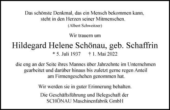 Traueranzeige von Hildegard Schönau von Hamburger Abendblatt