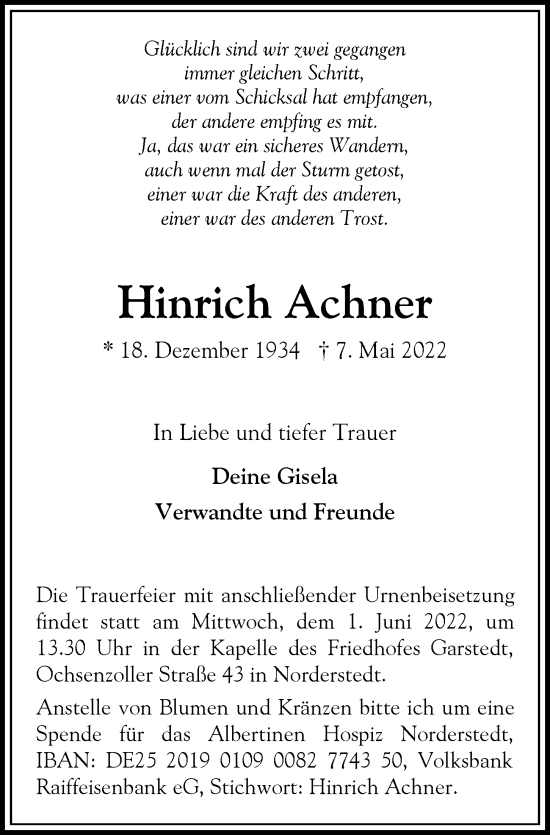 Traueranzeige von Hinrich Achner von Hamburger Abendblatt