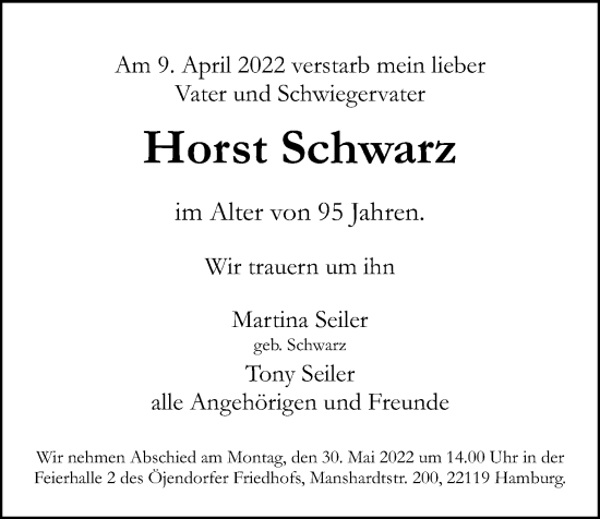 Traueranzeige von Horst Schwarz von Billstedt/Horn