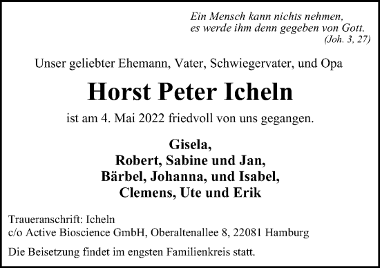 Traueranzeige von Horst Peter Icheln von Hamburger Abendblatt