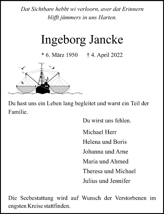 Traueranzeige von Ingeborg Jancke von Hamburger Abendblatt