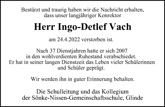 Traueranzeige von Ingo-Detlef Vach von Bergedorfer Zeitung