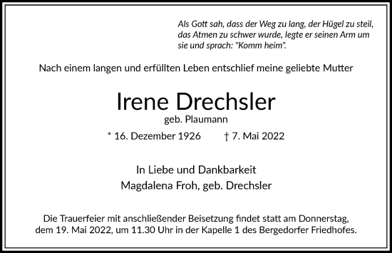 Traueranzeige von Irene Drechsler von Bergedorfer Zeitung