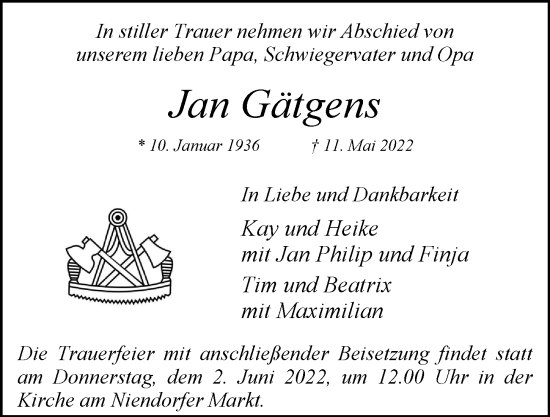 Traueranzeige von Jan Gätgens von Hamburger Abendblatt