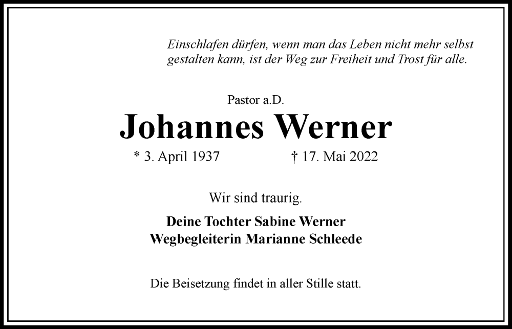  Traueranzeige für Johannes Werner vom 21.05.2022 aus Bergedorfer Zeitung