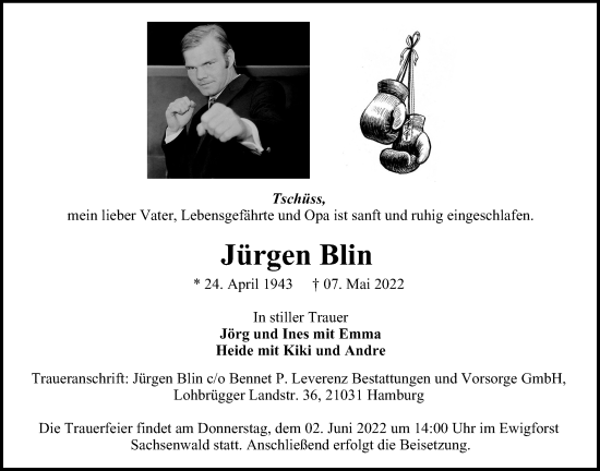 Traueranzeige von Jürgen Blin von Bille Wochenblatt, Bergedorfer Zeitung