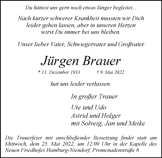 Traueranzeige von Jürgen Brauer von Niendorfer Wochenblatt