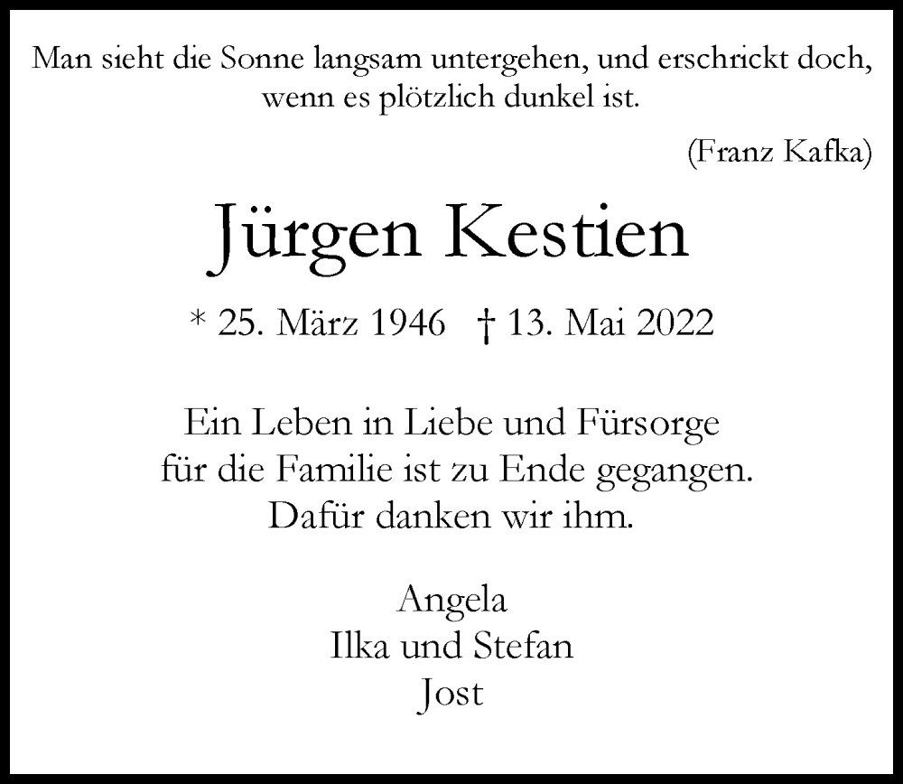  Traueranzeige für Jürgen Kestien vom 21.05.2022 aus Hamburger Abendblatt