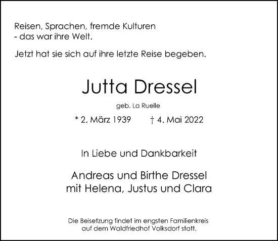 Traueranzeige von Jutta Dressel von Hamburger Abendblatt